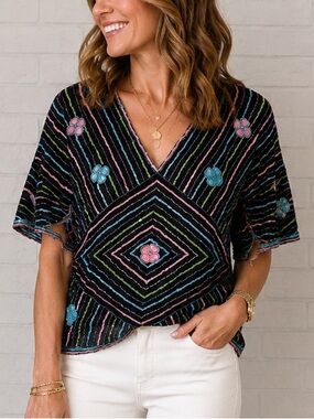 Vintage Swee Lo Vintage Silk and Sequined floral blouse top New Pink blue black